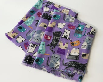 Colorful Cats Raw Edge Purple Cat Scarf, Unisex Kitty Scarves Personalized Initial Gift for Animal Lovers