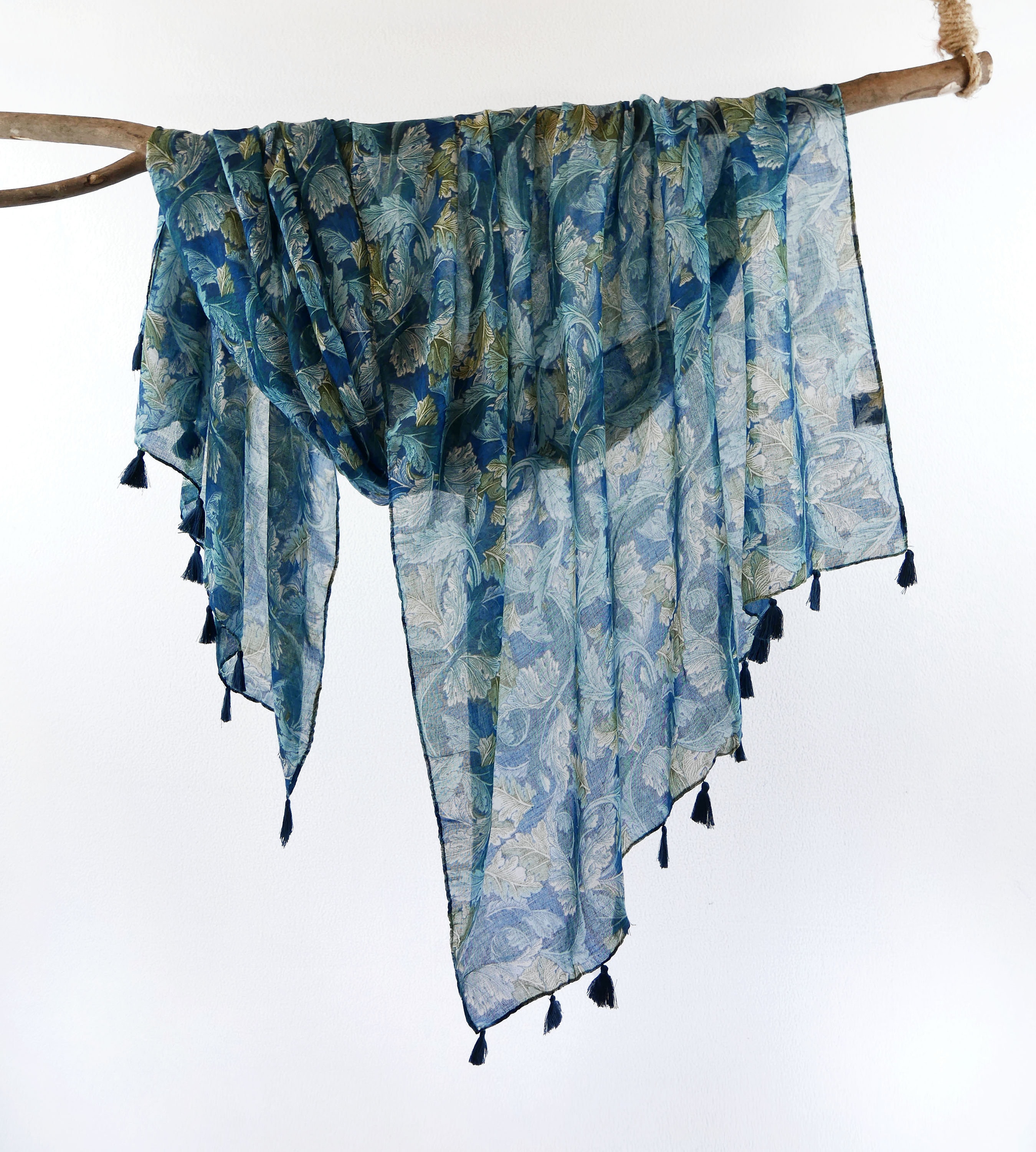 William Morris Blue Green Floral Voile Scarf Boho Fine Art Nouveau Tassel Wrap  Gift for Her