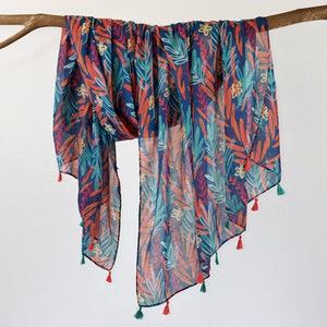 Colorful Autumn Leaves Scarf Boho Botanical Tassel Shawl Fall Wrap Mothers Day Gift