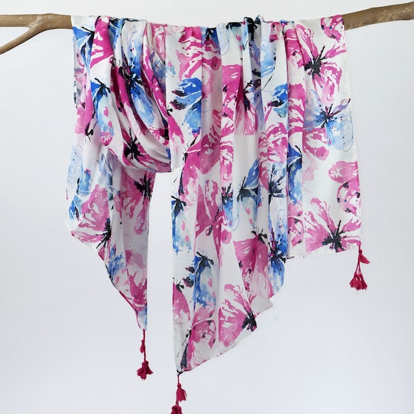 Pink Blue Abstract Floral Scarf Cotton Feel Tassel Shawl Boho Flower Wrap Mothers Day Gift for Her