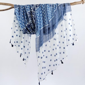 Stripes Polka Dots Navy Blue White Tassel Shawls Lightweight Spring Scarf Ink Blue Head Wrap Mothers Day Birthday Gift for Her 73x33&quot;