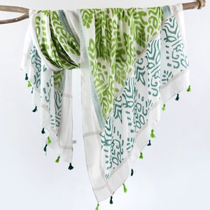 Spring Green White Voile Scarf Exotic Warp Boho Woman Shawl Mothers Day Birthday Gift for Her 73x33"