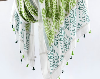 Spring Green White Voile Scarf Exotic Warp Boho Woman Shawl Mothers Day Birthday Gift for Her 73x33"