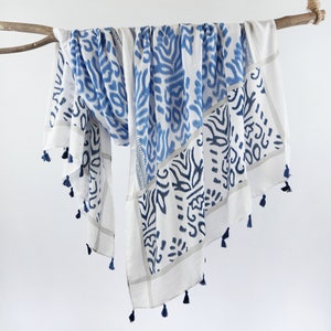 Pottery Blue White Cotton Feel Woman Scarf Boho Voile Shawl Exotic Tassel Warp Birthday Mothers Day Gift for Her 73X33"