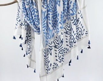 Pottery Blue White Cotton Feel Woman Scarf Boho Voile Shawl Exotic Tassel Warp Birthday Mothers Day Gift for Her 73X33"