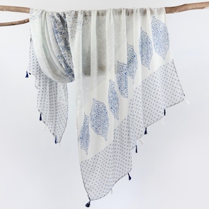 Blue White Exotic Summer Scarf Lightweight Soft Tassel Shawl Boho Wrap Birthday Mothers Day Gift for Her 73x33&quot;