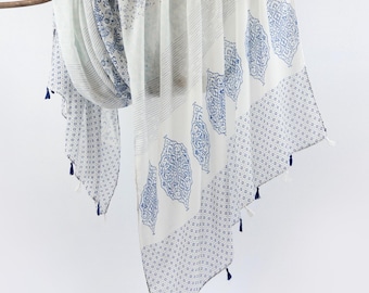 Blue White Exotic Summer Scarf Lightweight Soft Tassel Shawl Boho Wrap Birthday Mothers Day Gift for Her 73x33"