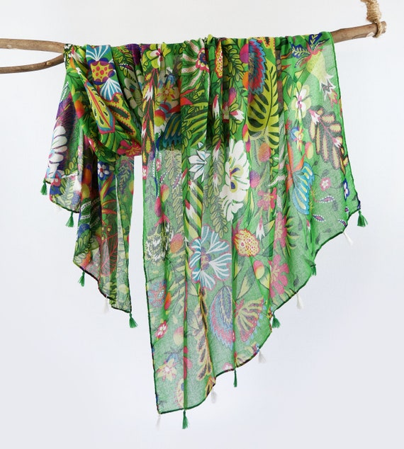 Secret Garden Green Floral Shawl Boho Woman Scarf Botanical Flower Wraps Birthday Mothers Day Gift for Her 73x33"