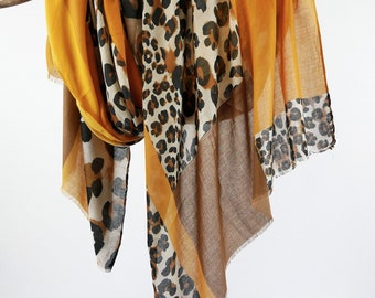 Earthy Brown Golden Yellow Unisex Scarf Cheetah Leopard Print Animal Wraps Gift for Her 71x33"