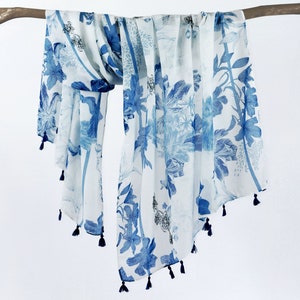 Blue Floral White Tassel Woman Shawls Lightweight Boho Flower Botanical Scarf Birthday Mothers Day Gift for Her 73x33"