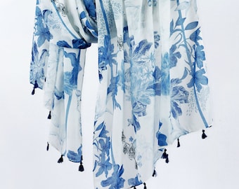 Blue Floral White Tassel Woman Shawls Lightweight Boho Flower Botanical Scarf Birthday Mothers Day Gift for Her
