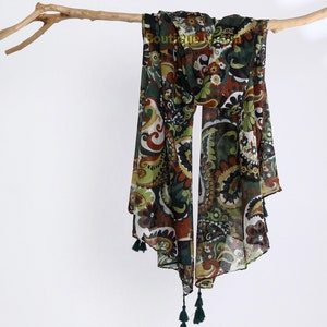 Brown Olive Green Paisley Floral Voile Shawl Lightweight Unisex Scarf Boho Flower Tassel Wraps73x33"