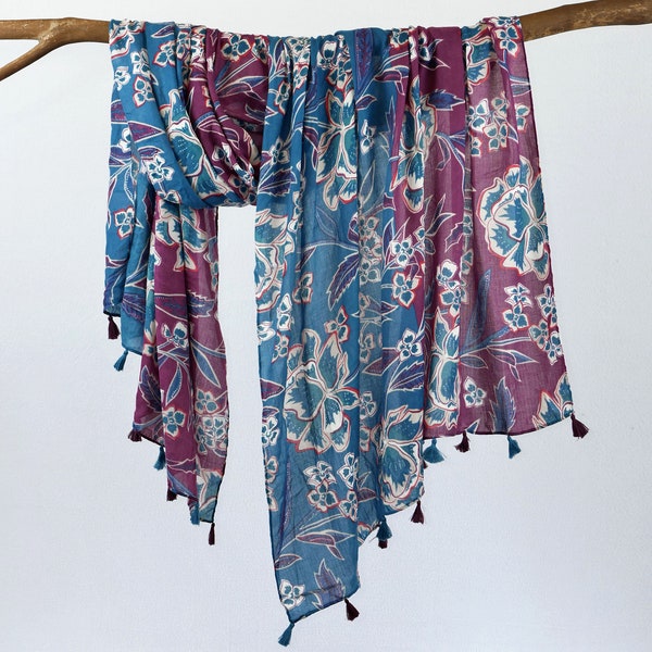 Blue Purple Two Tone Floral ShawlBoho Tassel Woman Scarf Botanical Flower Wrap Gift for Her