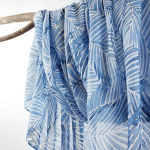 Blue White Leaves Semi-transparent Tassel Shawls Soft Spring Scarf Tassel Wrap 73x33&quot;
