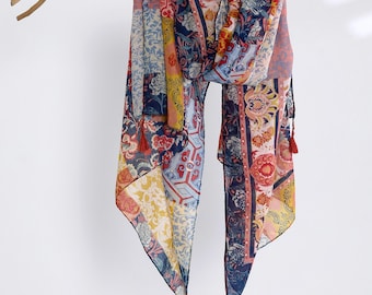 Tribal Floral Woman Scarf Colorful Lightweight Boho Wrap Tassel Shawl Gift for Her