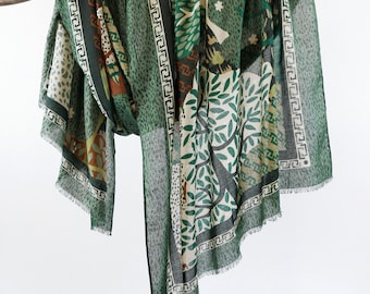 Raw Edge Soft Forest Tree Scarves Unisex Autumn Scarf Green Wrap Gift for Her Botanical Initial Print