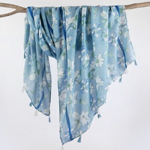 Baby Blue Soft Voile Shawl Boho White Floral Scarf Extra Soft Spring Wrap Birthday Mother&#39;s Day Gift for Her 73x33&quot;