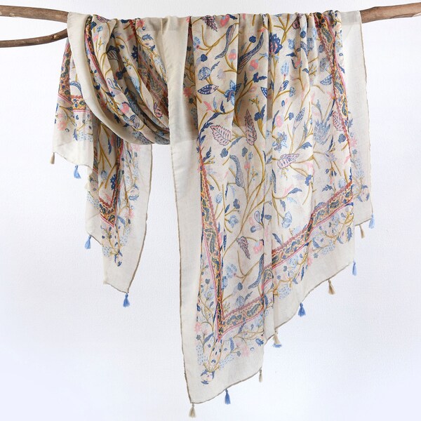 Retro Floral Beige Woman Scarf Boho Tassel Botanical Flower Shawl Lightweight Spring Wrap Gift for Her 73X33"