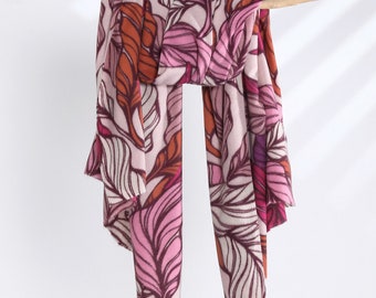 Pastel Pink Leaves Autumn Botanical Scarf Wrap Winter Scarves Mothers Day Birthday Gift for Her