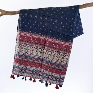 Navy Blue Red Exotic Autumn Scarf Boho Tassel Shawl Gift for Her