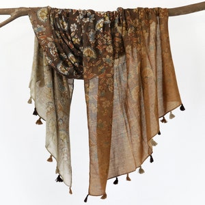 Brown Floral Autumn Shawl Earthy Boho Woman Scarf Botanical Wrap Gift for Her