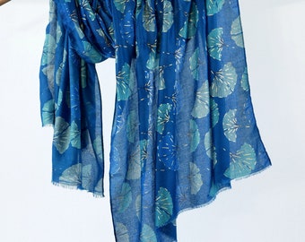 Gold Foil Teal Blue Ginkgo Leaves Autumn Scarf Boho Wrap Mothers Day Gift for Her