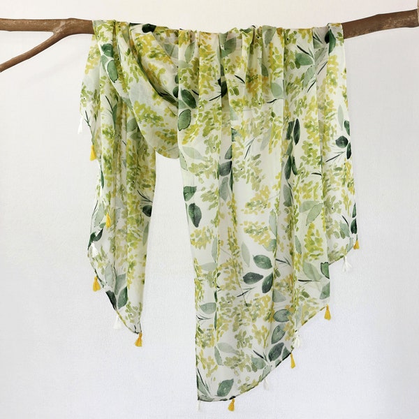 Spring Green Leaves Semi Transparent Woman Scarf Lightweight Botanical Tassel Shawl Gift for Her