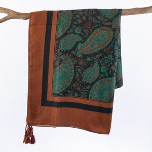 Brown Green Paisley Autumn Scarf Boho Tribal Shawl Tassel Exotic Wrap Mothers Day Birthday Gift for Her