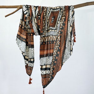 Ethnic Earthy Brown Woman Scarf Boho Tribal Tassel Shawl Exotic Wrap Birthday Gift for Her
