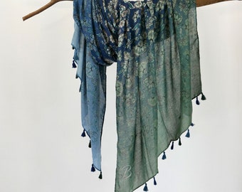 Blue Green Gradient Floral Shawl Botanical Woman Scarf Boho Wrap Gift for Her