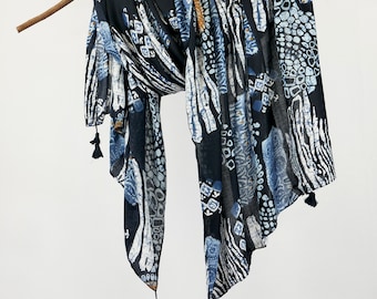 Tribal exotic denim blue pattern scarves, minority print tassel scarf Unisex Scarves Gift for man women