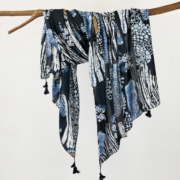 Tribal exotic denim blue pattern scarves, minority print tassel scarf Unisex Scarves Gift for man women