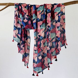 Colorful Ginkgo Leaves Autumn Scarf Boho Botanical Tassel Shawl Fall Wrap Mothers Day Gift