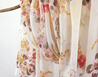 Yellow Pink Floral Woman Scarf Lightweight Voile Tassel Shawl Boho Summer Wrap Gift for Her 73x33"