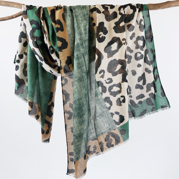 Green OffWhite Cheetah Leopard Scarf Animal Print Raw Edge Shawl Unisex Autumn Wraps Gift 71x33"