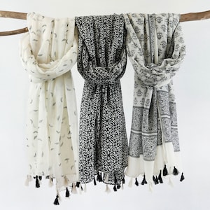Black and white Soft Voile Woman Scarf Exotic Tribal Tassel Shawl Mothers Day Birthday Gift for Her 73x33"