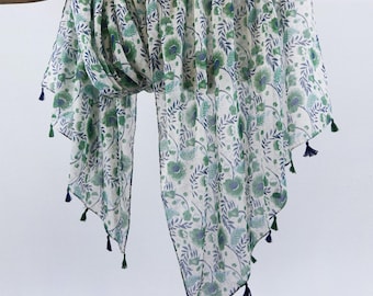 Forest Green FloralWoman Scarf Boho Tassel Shawl Botanical Flower Wrap Gift for Her 73x33"