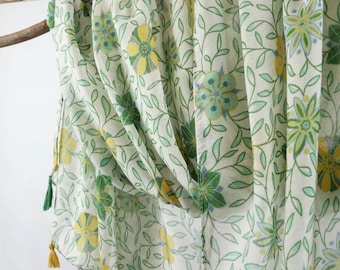 Yellow Floral Extra Soft Green Scarf Thin Spring Botanical Shawl Birthday Mothers Day Gift for Her 73x33"