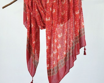 Red Floral Exotic Woman Scarf Boho Tribal Shawl Boho Wrap Birthday Christmas Gift for Her