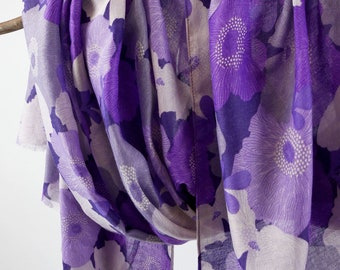 Violet Purple Woman Scarf Boho Flower Shawl Raw Edge Botanical Floral Wrap Mothers Day Birthday Gift for Her 71x33"