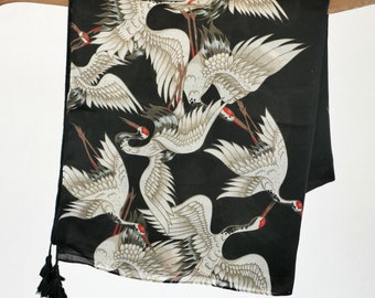 Black and White Japanese Crane Autumn Scarf Asian Inspired Tassel Shawl Gift for Oriental Lovers