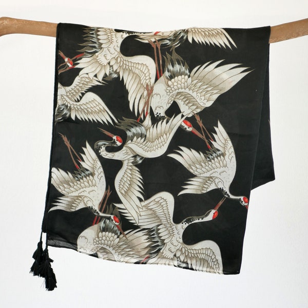 Black and White Japanese Crane Autumn Scarf Asian Inspired Tassel Shawl Gift for Oriental Lovers