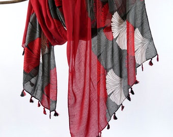 Red Black Woman Scarf Autumn Tassel Shawl Boho Soft Cotton Feel Wrap Christmas Gift for Her