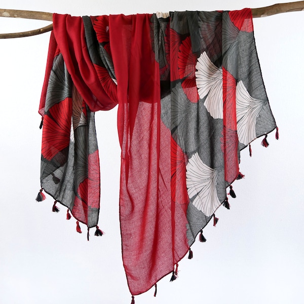 Red Black Woman Scarf Autumn Tassel Shawl Boho Soft Cotton Feel Wrap Christmas Gift for Her