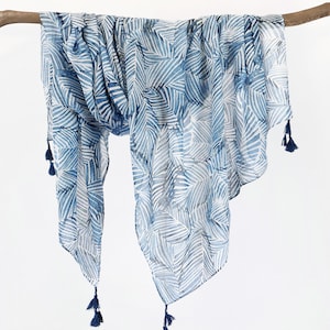 Blue White Leaves Semi-transparent Tassel Shawls Soft Spring Scarf Tassel Wrap