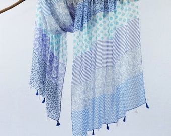 Blue Paisley Floral on White Long Tassel Shawl Lightweight Boho Women Scarf Gift for Her