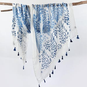 Pottery Blue White Cotton Feel Woman Scarf Boho Voile Shawl Exotic Tassel Warp Birthday Mothers Day Gift for Her 73X33&quot;