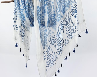 Pottery Blue White Cotton Feel Woman Scarf Boho Voile Shawl Exotic Tassel Warp Birthday Mothers Day Gift for Her 73X33&quot;