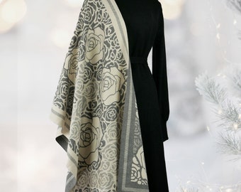 Personalized Initial Grey Beige Rose Floral Thick Warm Winter Shawl Luxury Woman Scarf Gift for Her