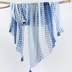 Blue White Exotic Woman Scarf Boho Spring Shawl Tassel Head Wrap Birthday Mother&#39;s Day Gift for Her 73x33&quot;